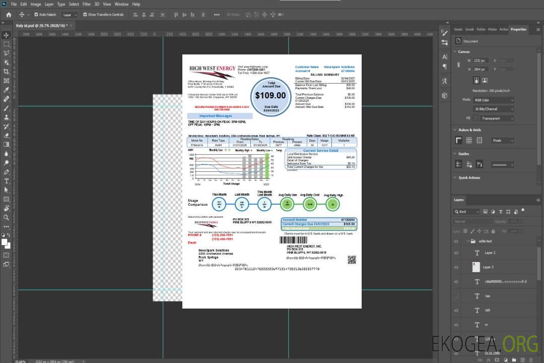 USA Wyoming High West Energy facture de services publics aux formats Word et PDF, version 2 template USA Wyoming High West Energy facture de services publics aux formats Word et PDF, version 2 template